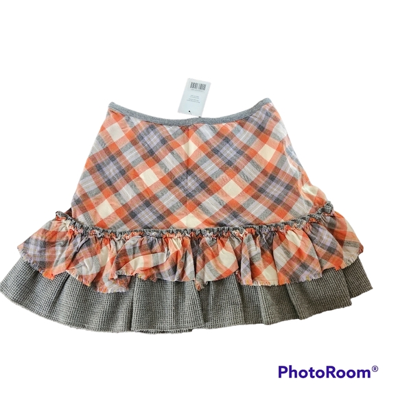 FREE PEOPLE PLAID RUFFLE 100% COTTON LINED SKIRT ORANGE GRAY WHITE SIZE 0 EUC - Picture 2 of 11